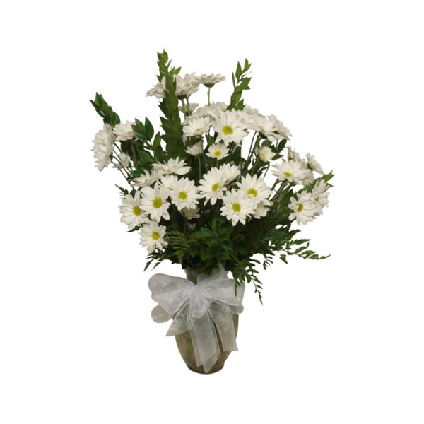 Voici un bel arrangement de marguerites blanches. La fleur de marguerite  est simple, blanche et très appréciée. On l'utilise aussi en amour: je  t'aime un peu, beaucoup, passionnément, à la folie.